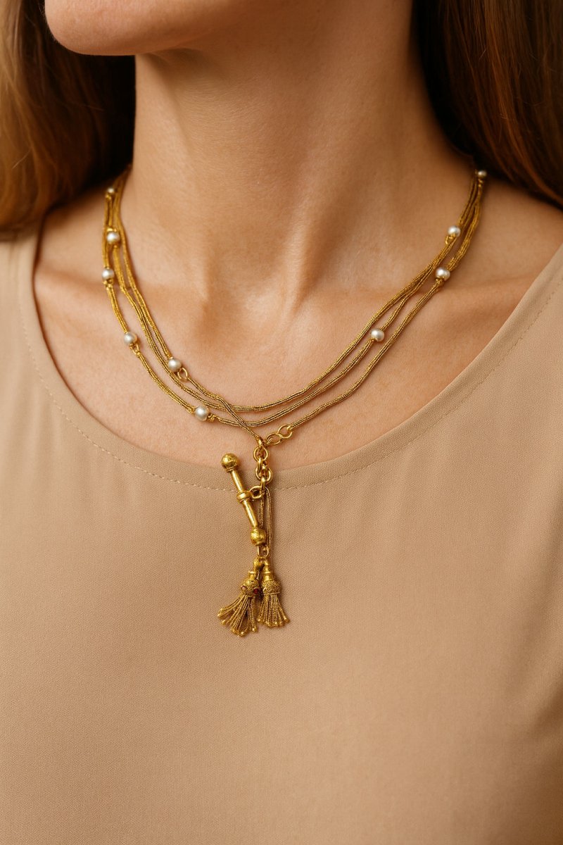 Collier Sautoir en or jaune, or vert et perles grises - Castafiore