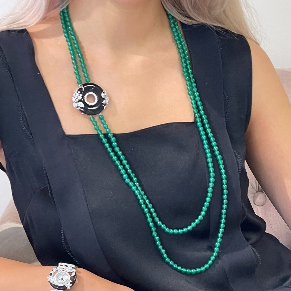 Collier Sautoir "Green Moon" en argent, agates, onyx et zirconium - Castafiore