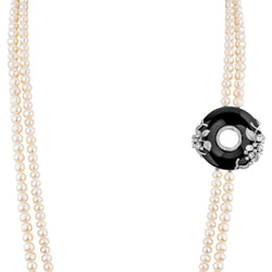 Collier Sautoir "Moon Pearl" en argent, perles, zirconium et onyx - Castafiore