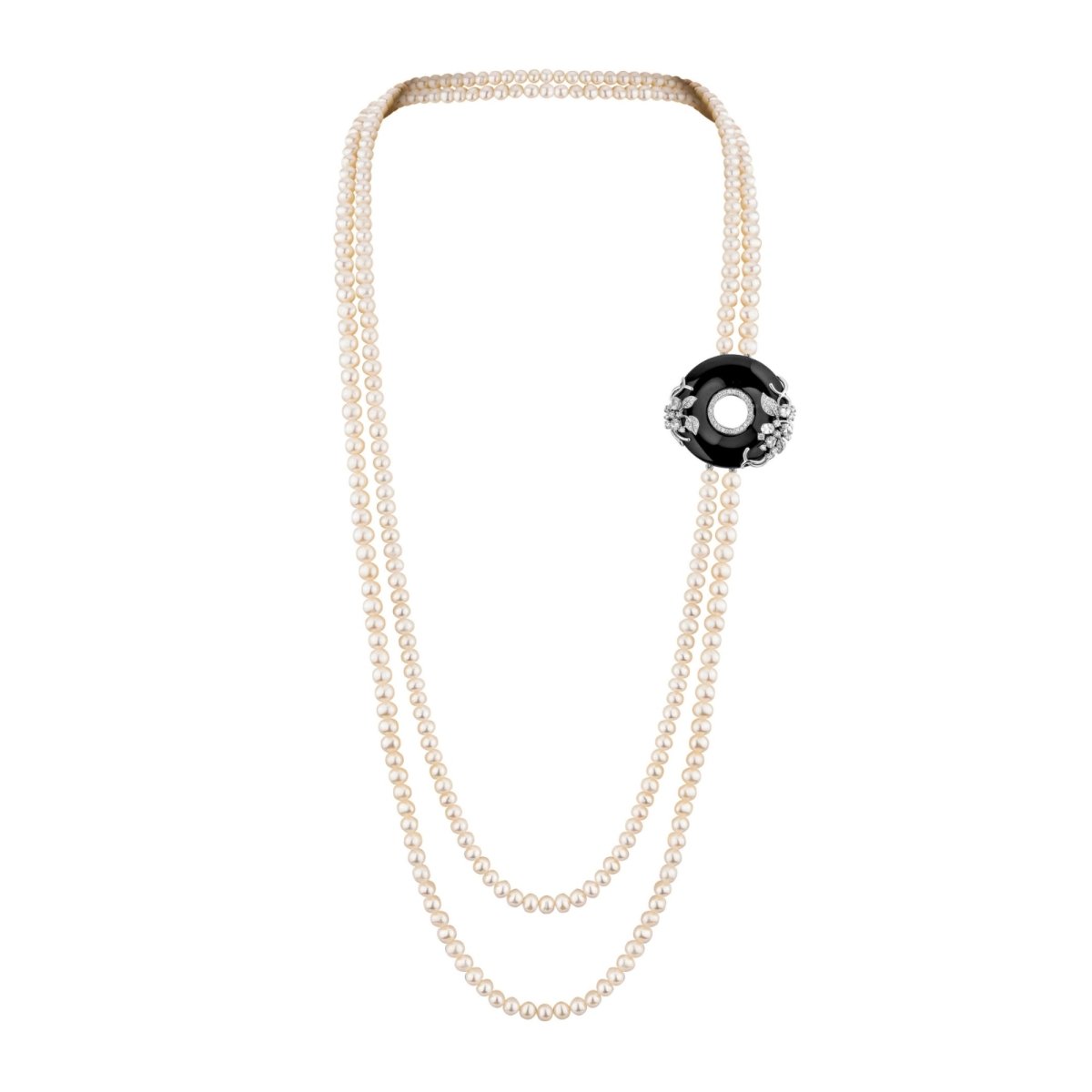 Collier Sautoir "Moon Pearl" en argent, perles, zirconium et onyx - Castafiore