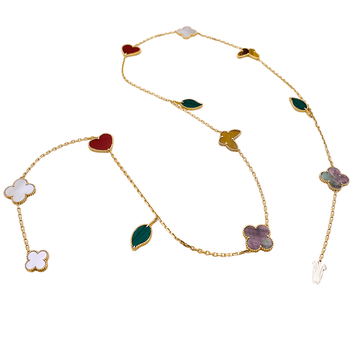 Collier - Sautoir VAN CLEEF & ARPELS "Lucky Alhambra", or jaune, cornaline, malachite, oeil de tigre, nacre - Castafiore