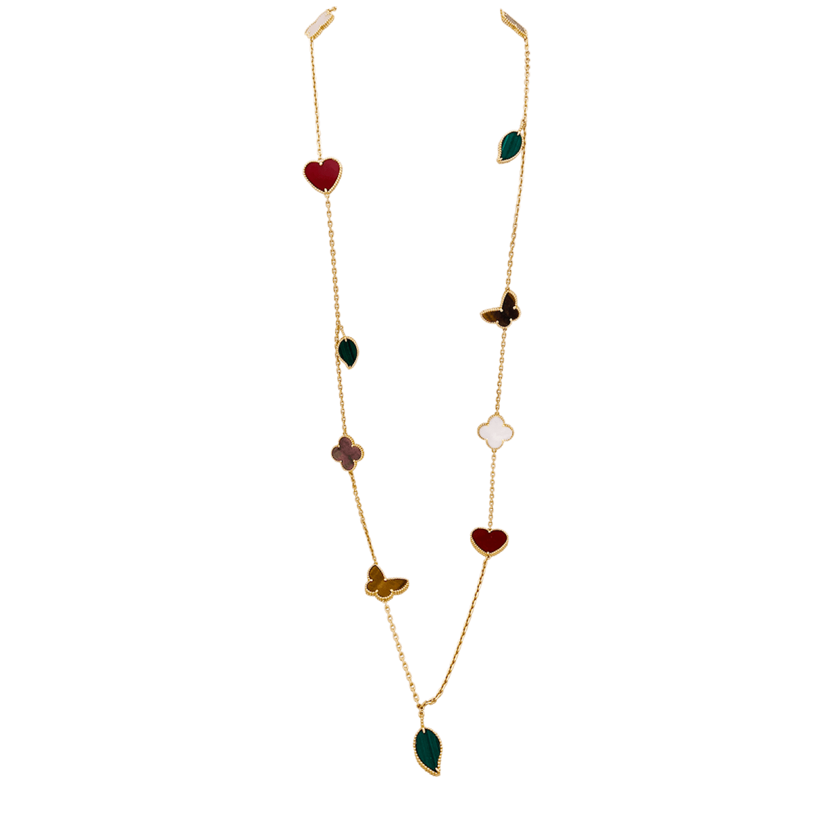 Collier - Sautoir VAN CLEEF & ARPELS "Lucky Alhambra", or jaune, cornaline, malachite, oeil de tigre, nacre - Castafiore