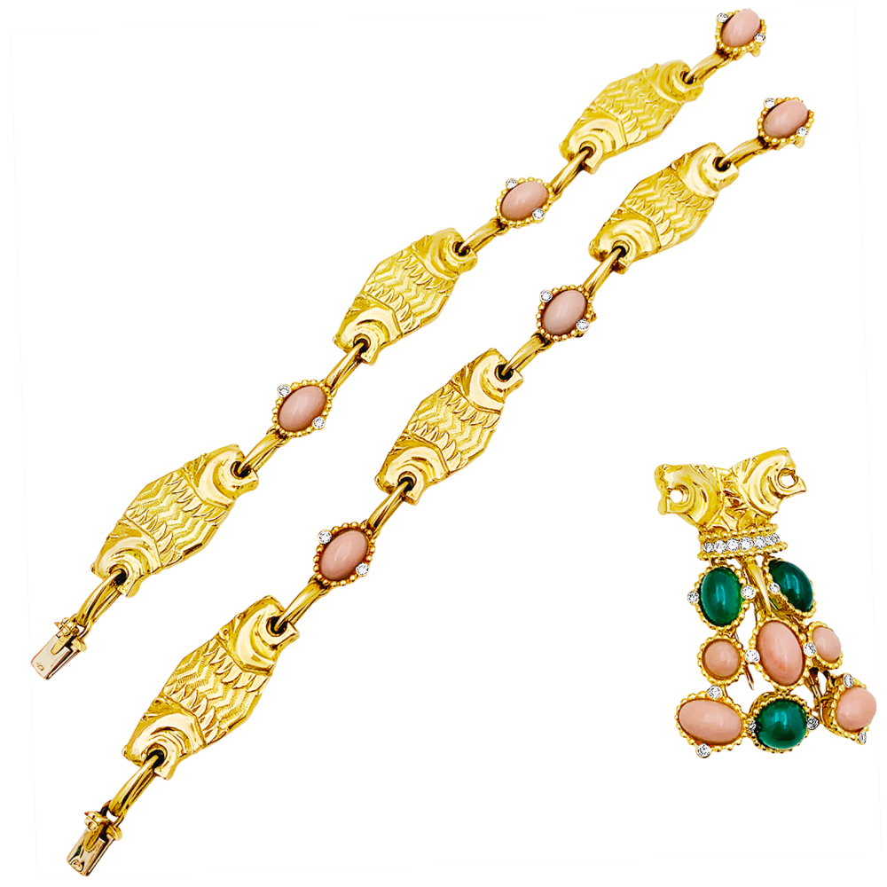 Collier transformable en or jaune, corail, chrysoprase et diamants - Castafiore