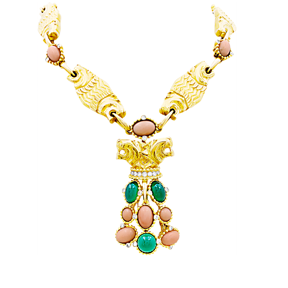 Collier transformable en or jaune, corail, chrysoprase et diamants - Castafiore