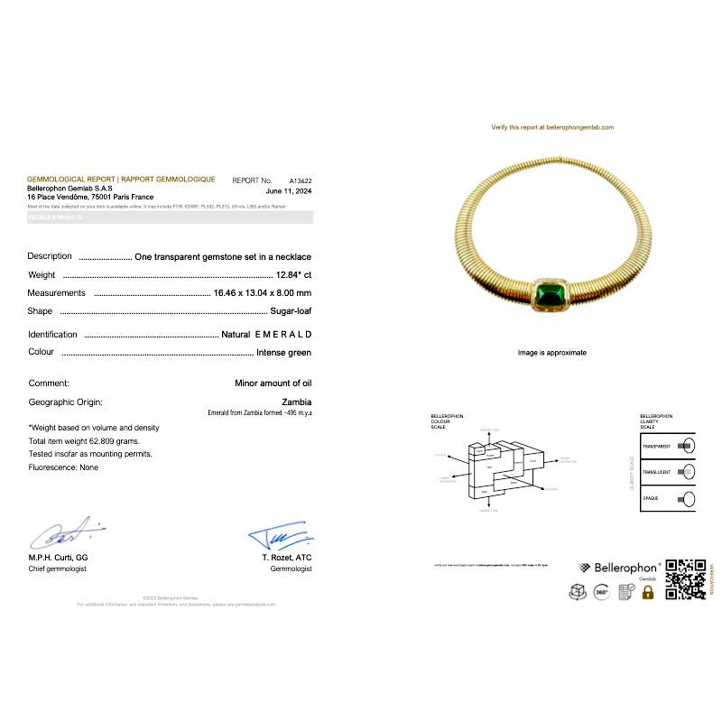 Collier tubogas vintage, or jaune, émeraude et diamants - Castafiore