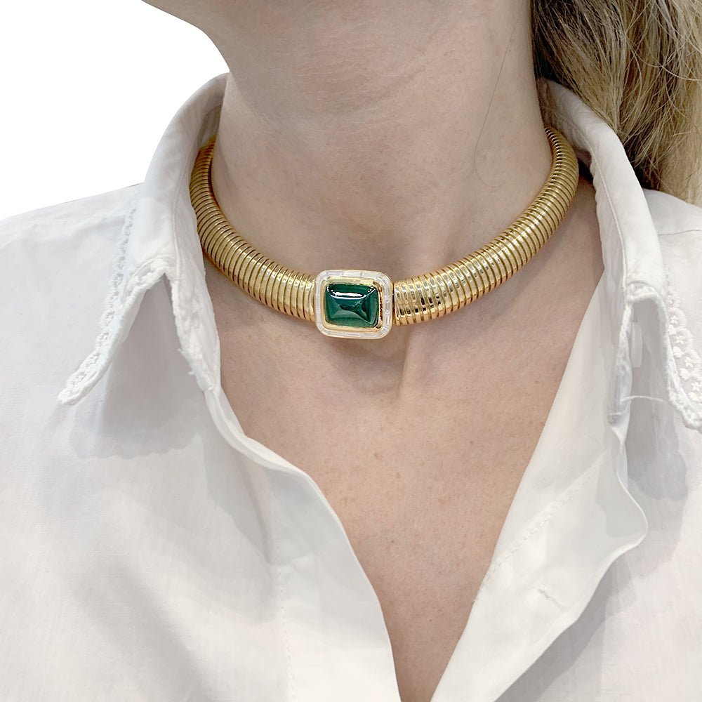 Collier tubogas vintage, or jaune, émeraude et diamants - Castafiore