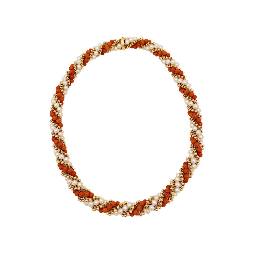 Collier VAN CLEEF & ARPELS "Twist" en or jaune, perles et corail - Castafiore