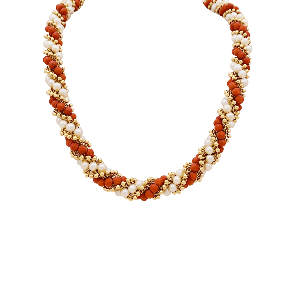 Collier VAN CLEEF & ARPELS "Twist" en or jaune, perles et corail - Castafiore