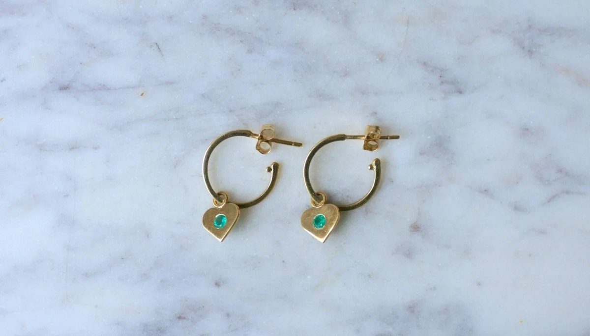 Créoles Or Jaune Coeur Emeraude Colombienne - Castafiore