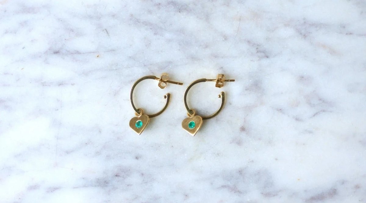 Créoles Or Jaune Coeur Emeraude Colombienne - Castafiore