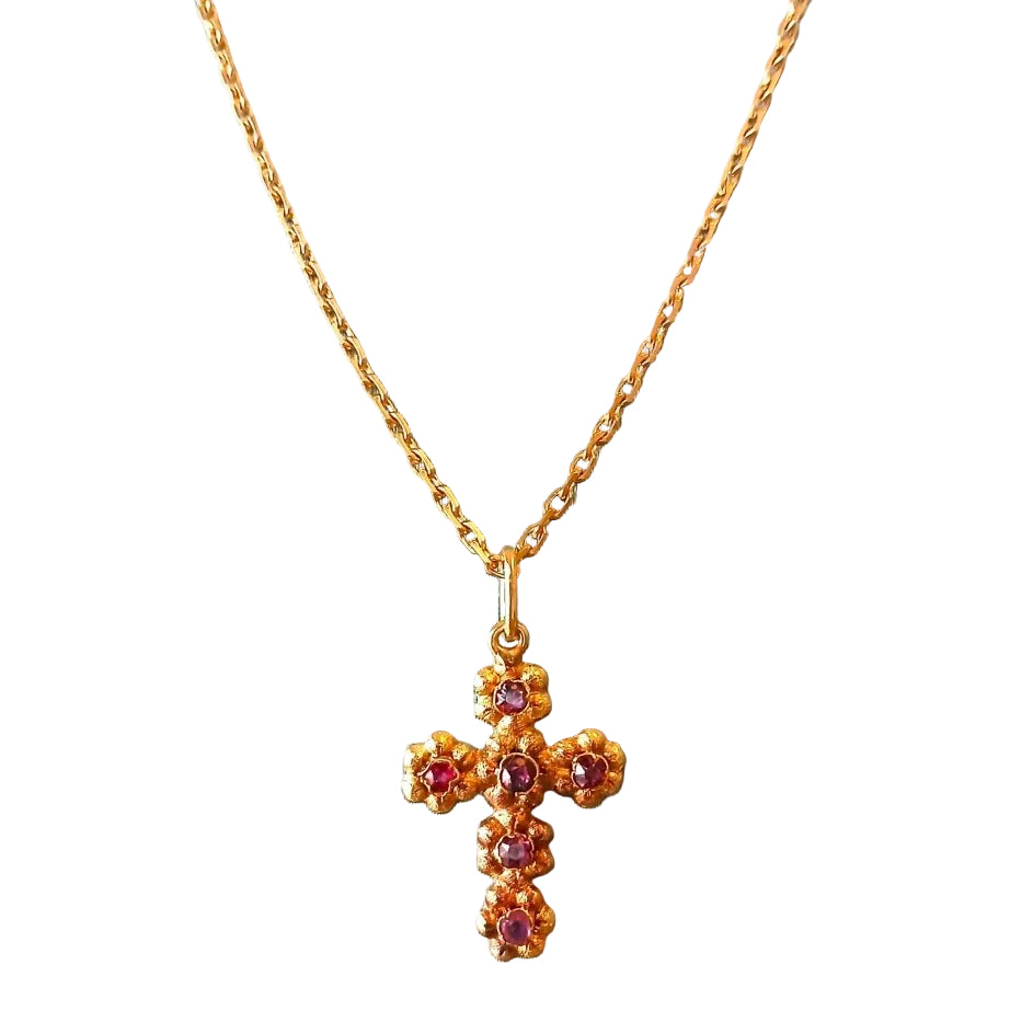Croix ancienne et sa chaîne en or jaune et tourmalines, époque fin XIXe siècle. - Castafiore