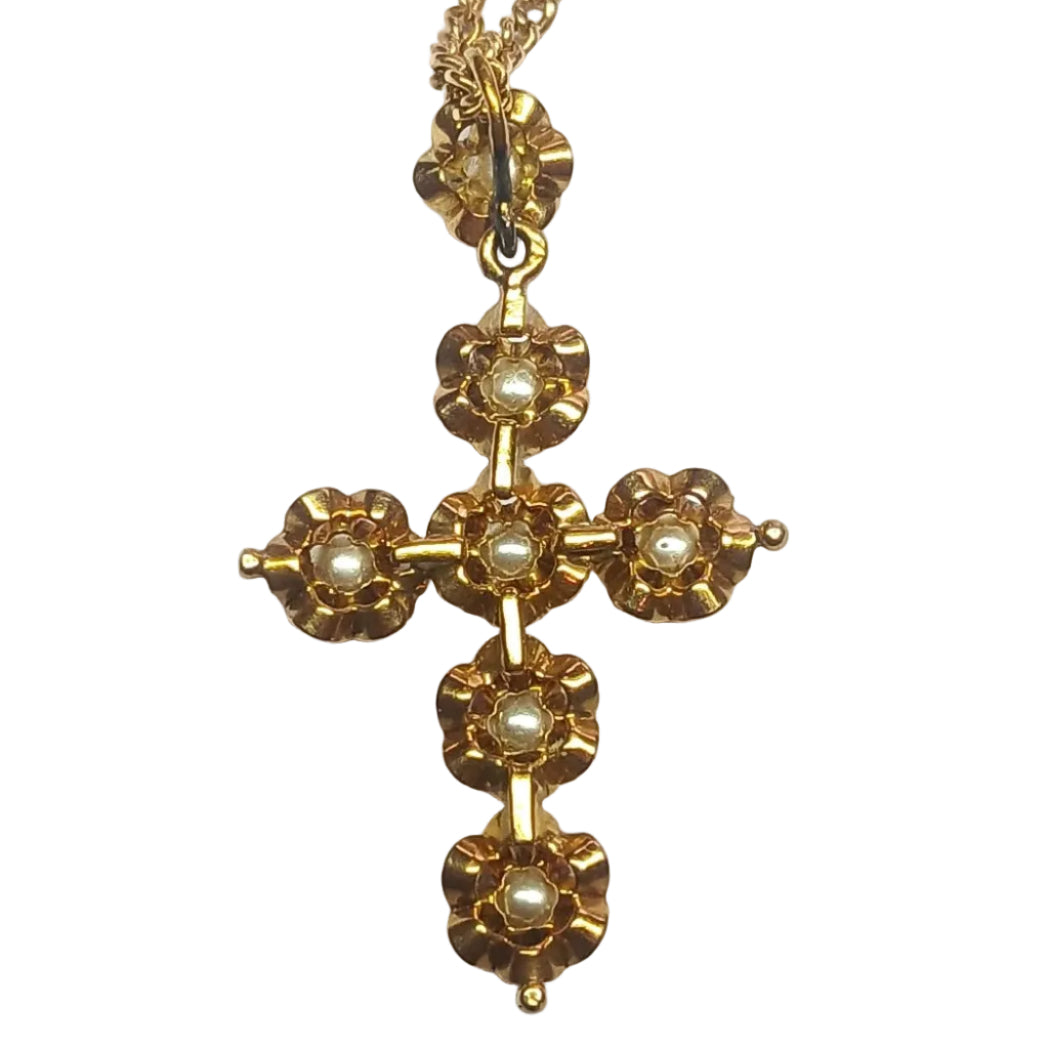 Croix ANCIENNE Or et perles fines en or jaune - Castafiore
