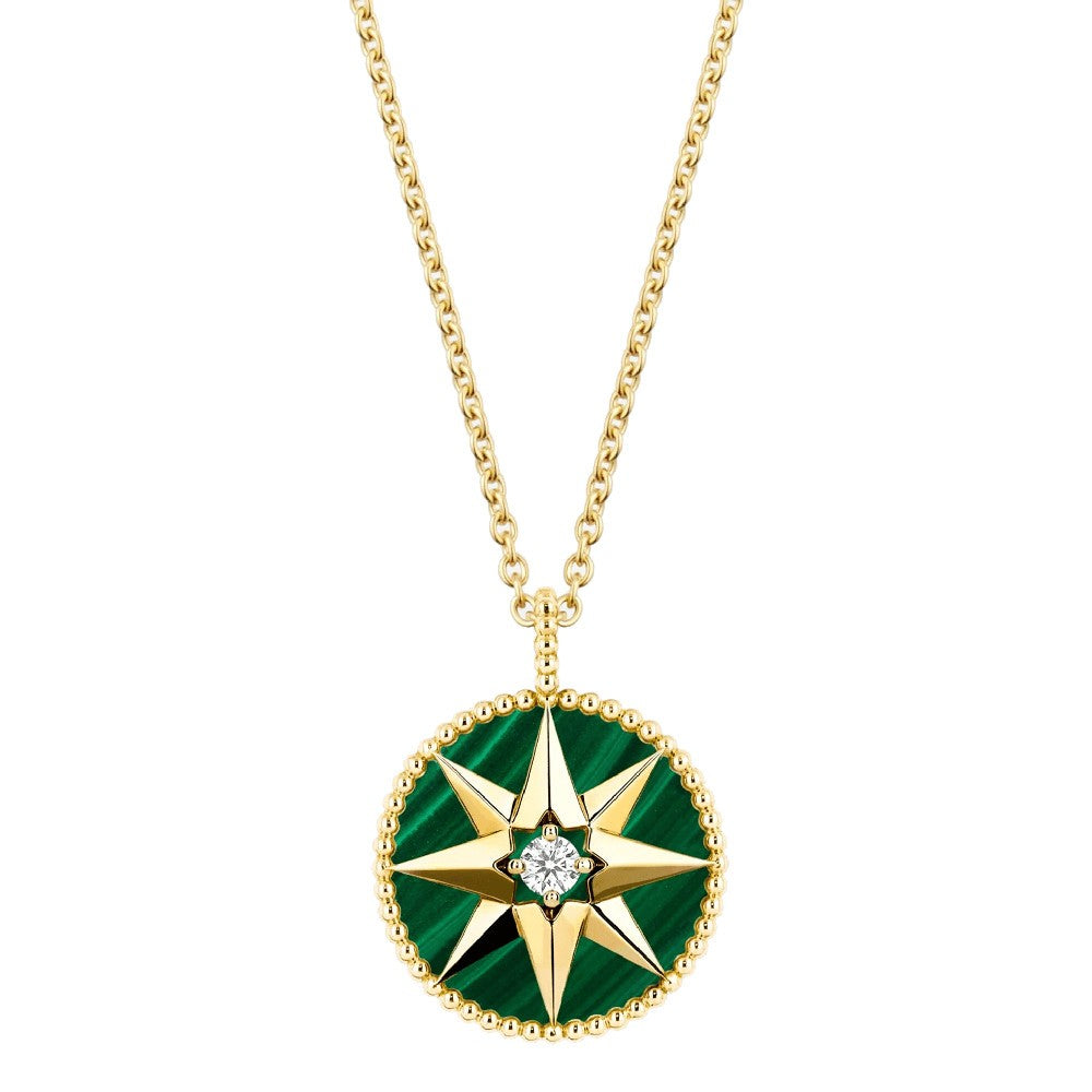 Collier Pendentif DIOR "Rose des Vents" MM en or jaune, malachite et diamant