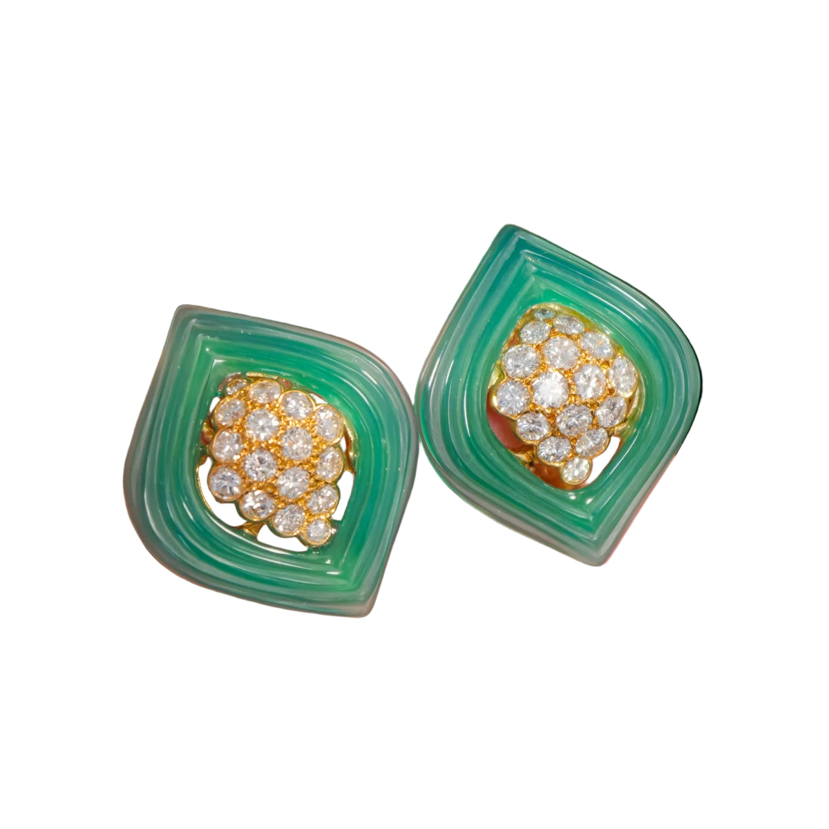 Boucles d'oreilles Pendantes RENE KERN en or jaune, chrysoprases et diamants