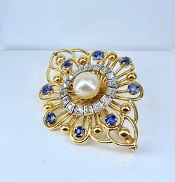 Broche en or, saphirs, perle et diamants