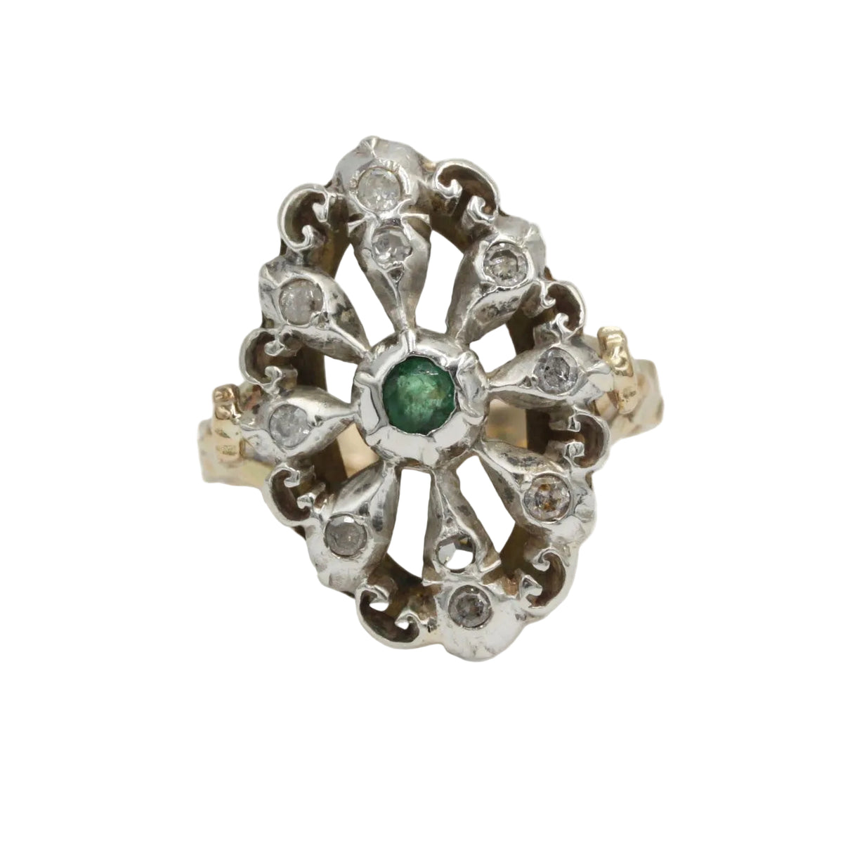 Bague en or jaune, argent, émeraude et diamants