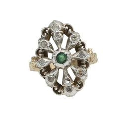 Bague en or jaune, argent, émeraude et diamants
