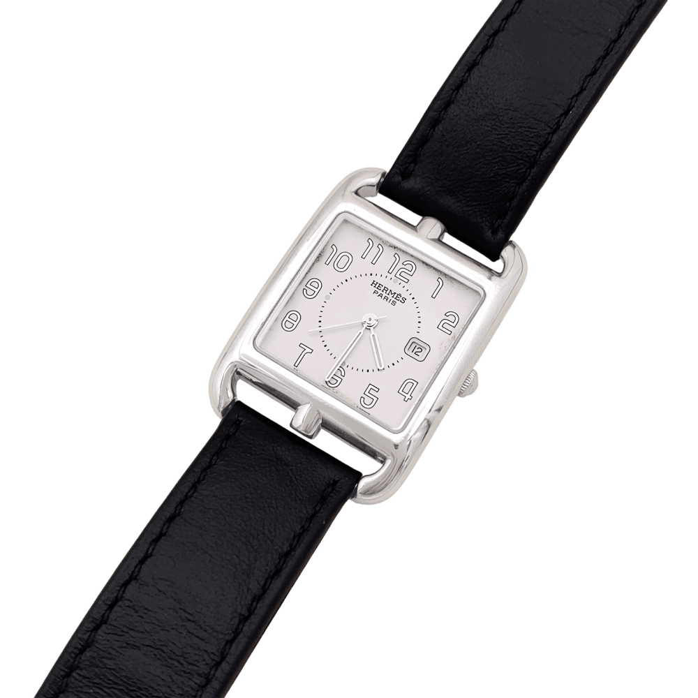 Montre Hermès, "Cape Cod", acier, cuir, grand modèle.