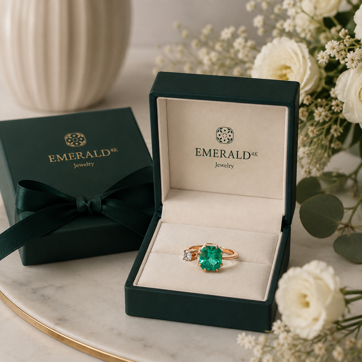 Bague Solitaire en or jaune, émeraude et diamant