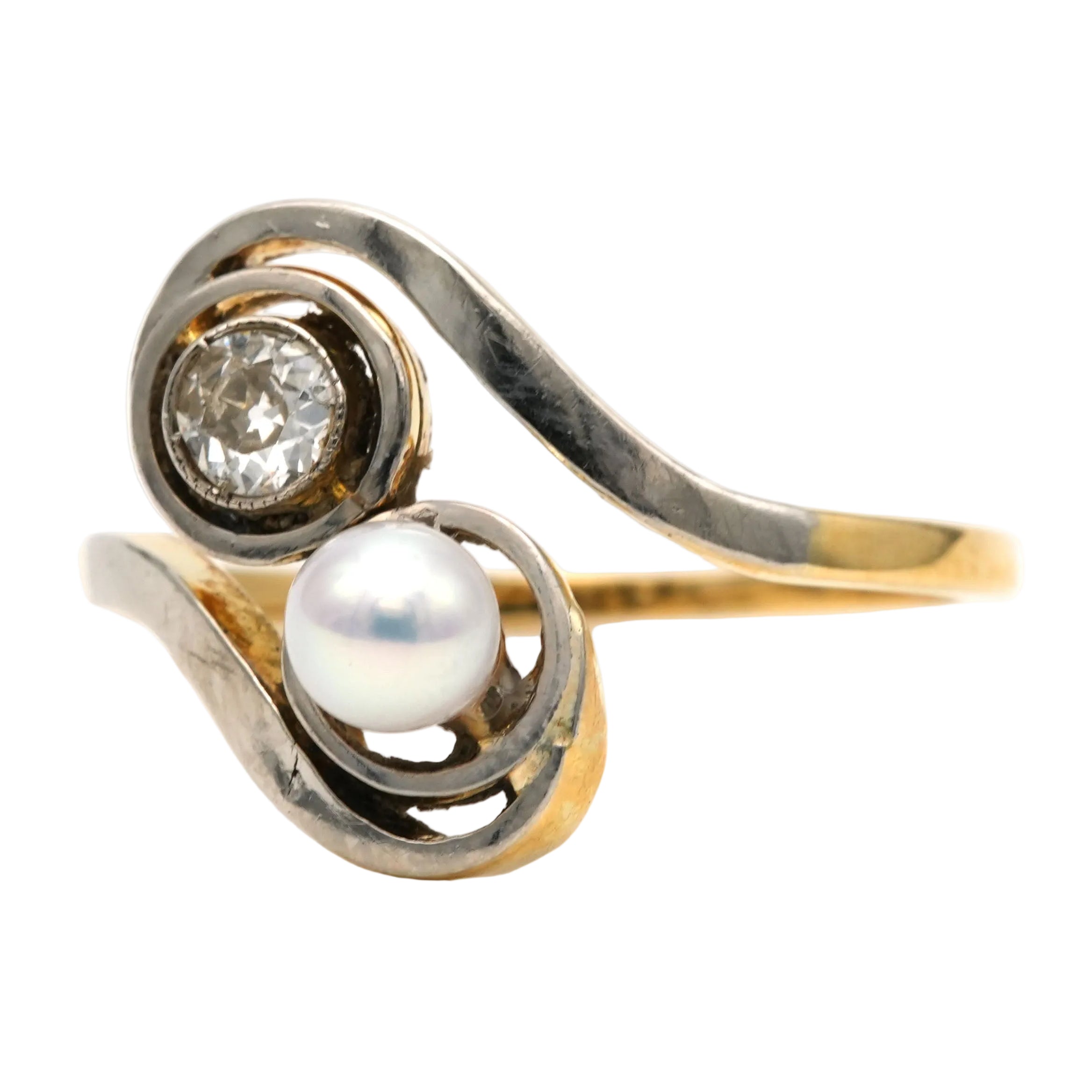 Bague Toi & Moi en or blanc, or jaune, perle et diamants
