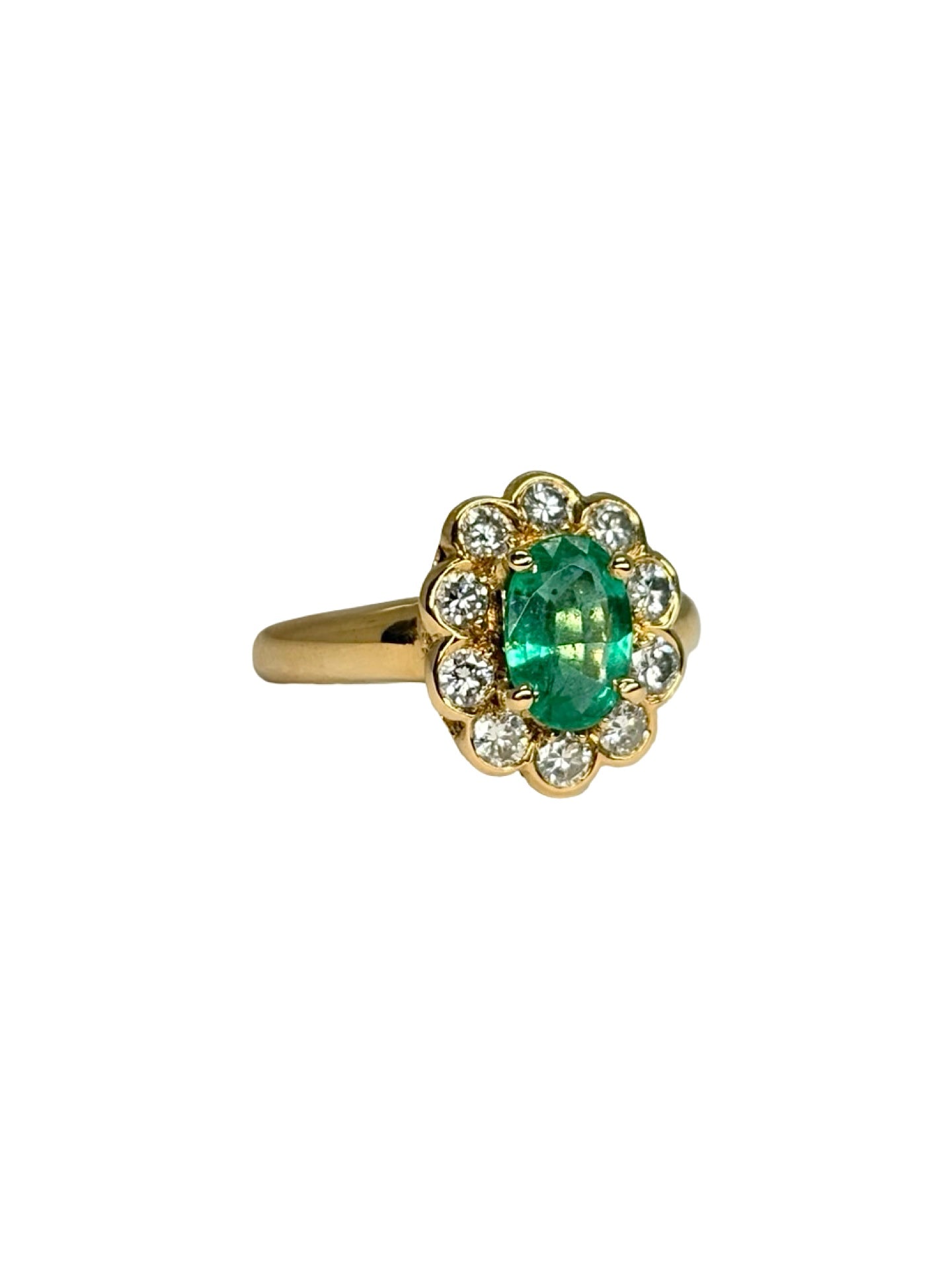 Bague Marguerite en or jaune, émeraude et diamants