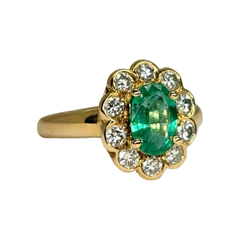 Bague Marguerite en or jaune, émeraude et diamants