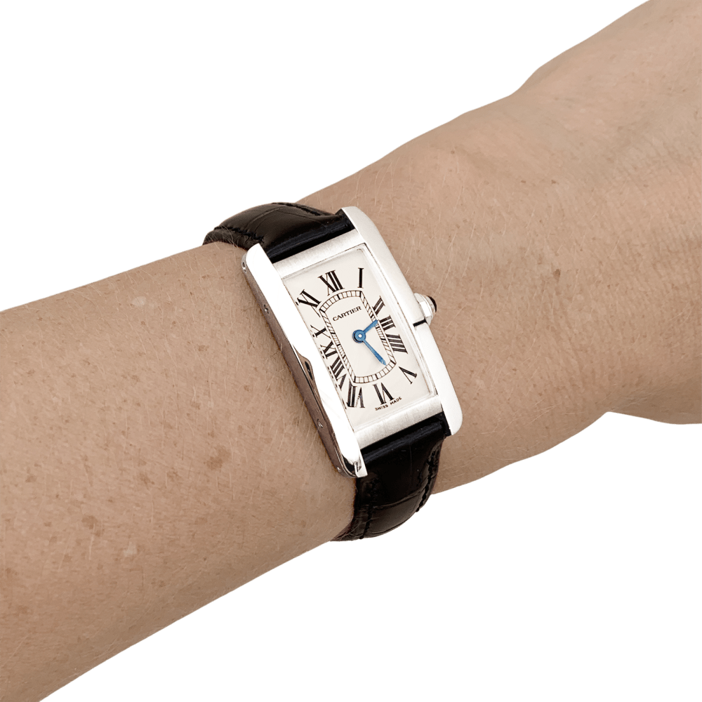 Montre Cartier, "Tank Américaine", acier, cuir.