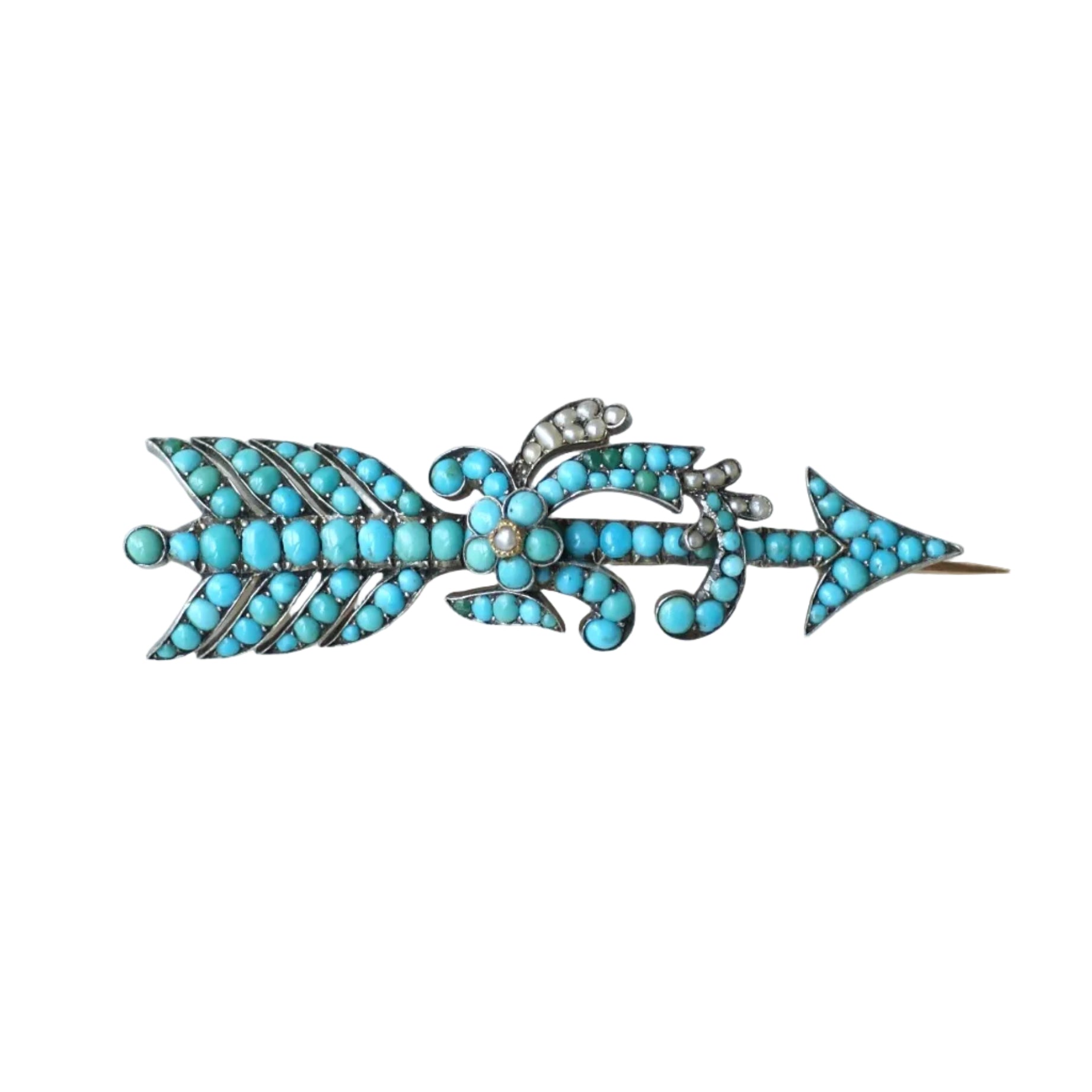 Broche Épingle en or rose, turquoises et perles