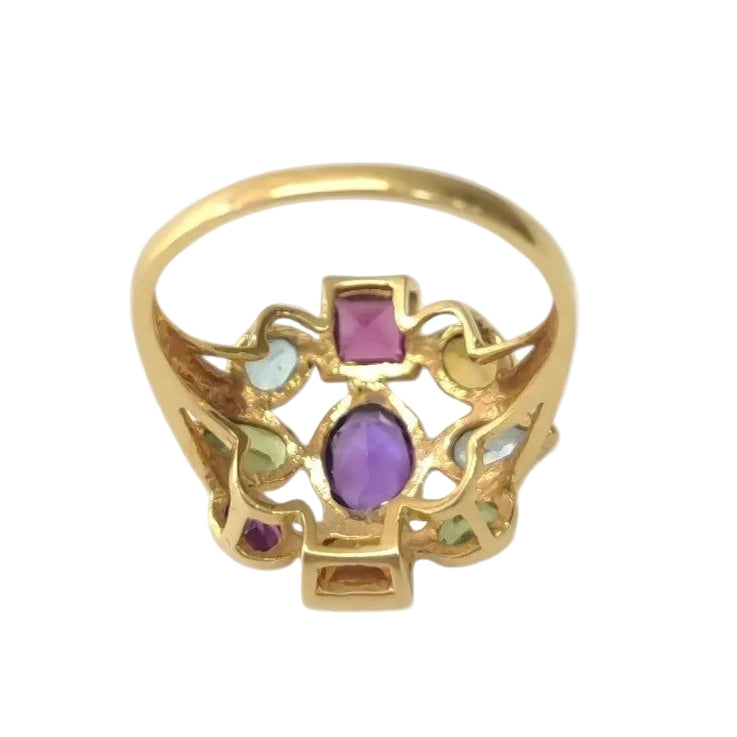 Bague Cocktail en or jaune, améthyste, péridots, aigues-marines, citrines et rhodolites