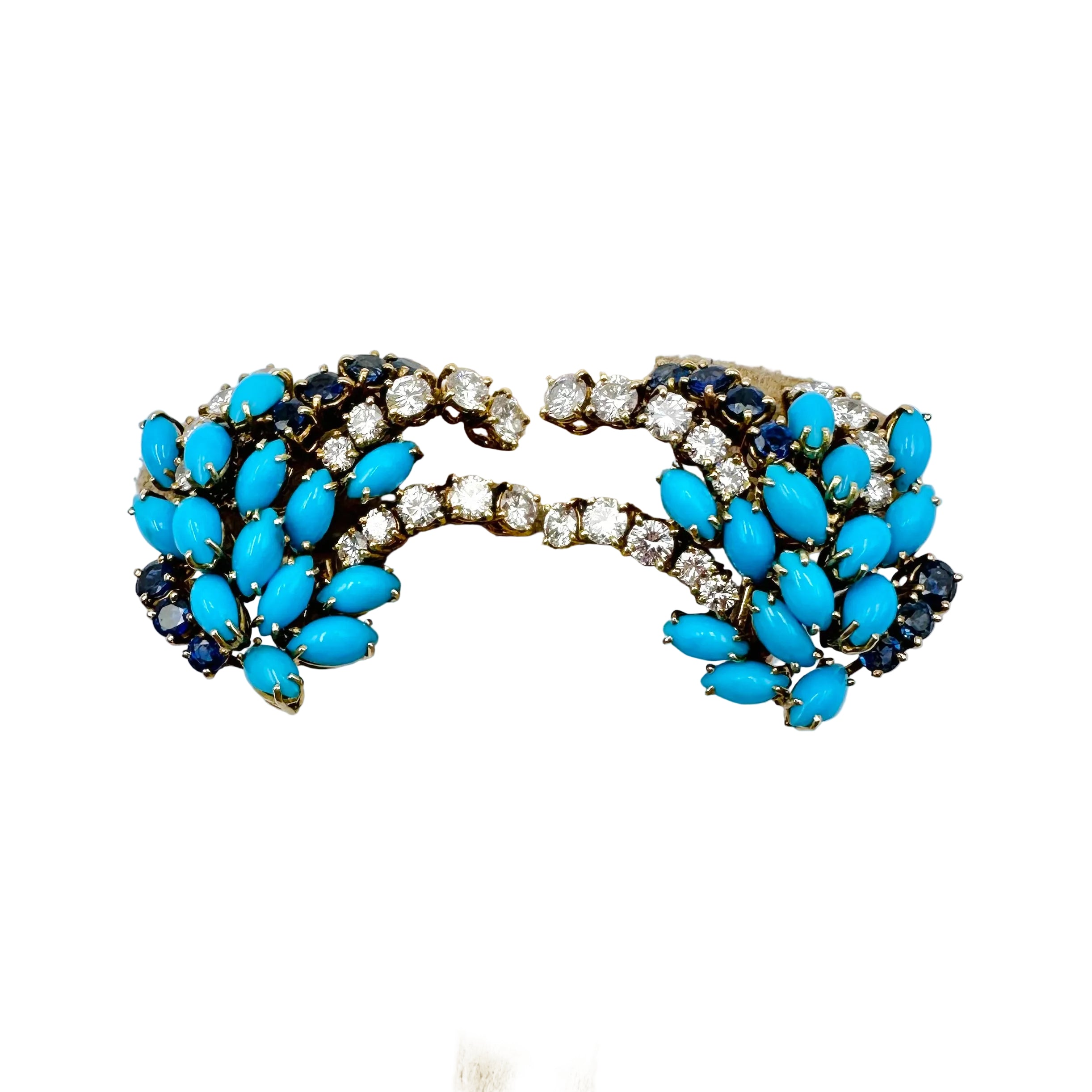 Boucles d'oreilles Clips BOUCHERON or jaune, turquoises, saphirs et diamants