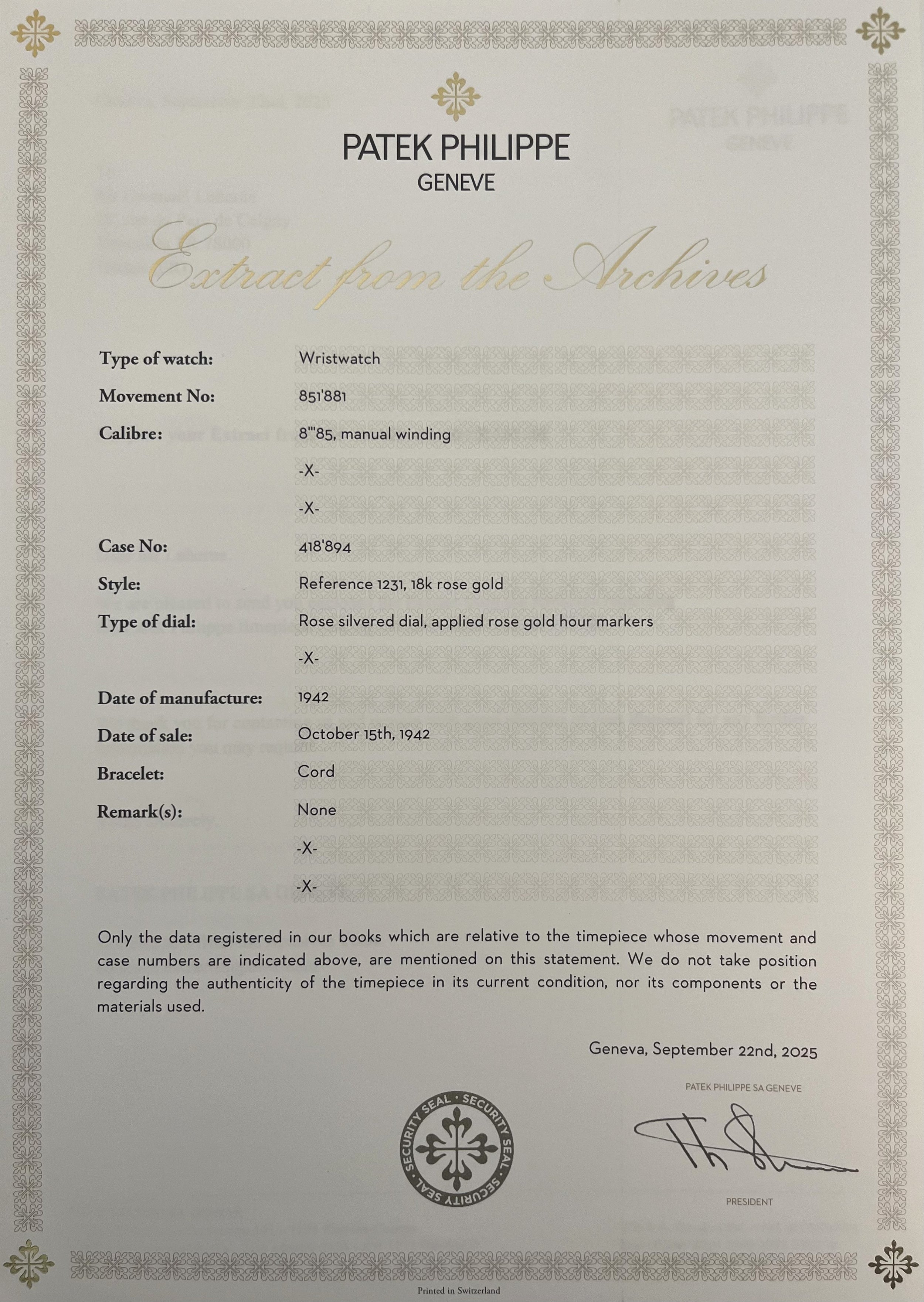 Patek Philippe montre de dame or rose 18 carats (750/000), circa 1942