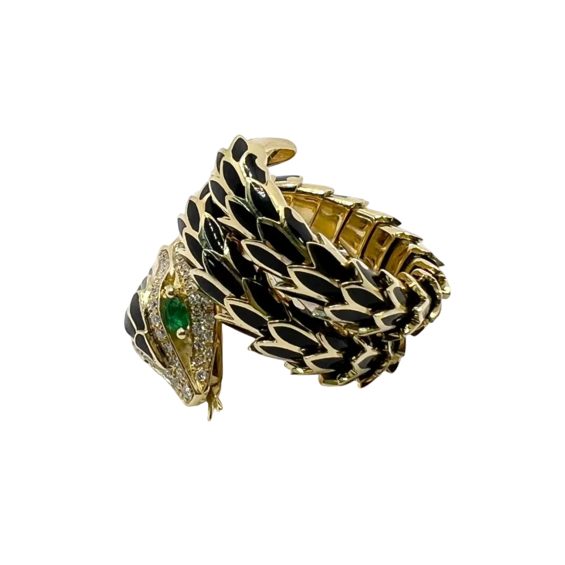 Bague en or jaune, émail, émeraudes et diamants