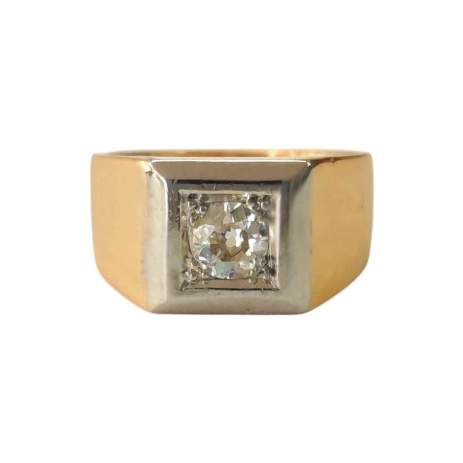 Bague Chevalière en or jaune, platine et diamant