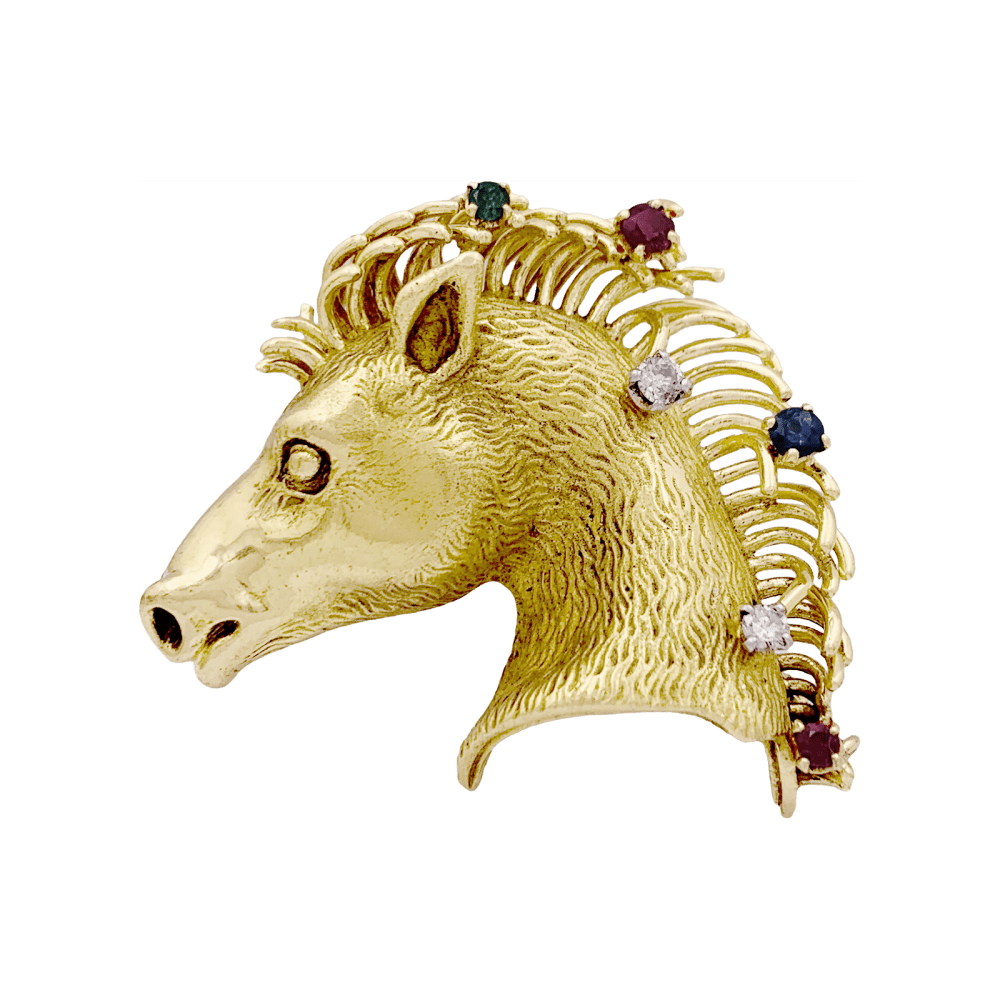 Broche "protomée de cheval", or jaune, diamants, rubis, saphir et émeraude.
