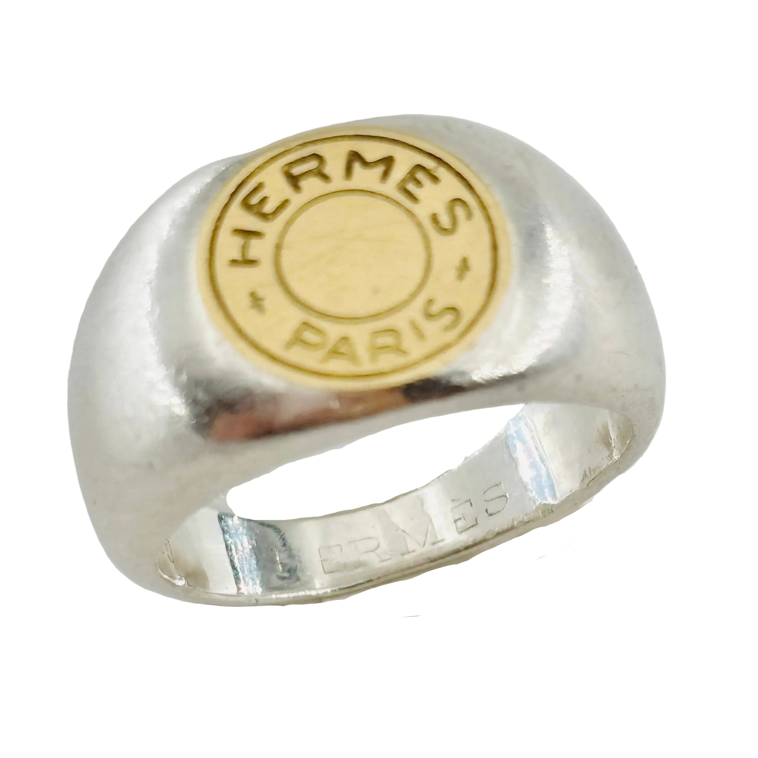 Bague Chevalière HERMÈS "Clou de selle" en argent et or jaune