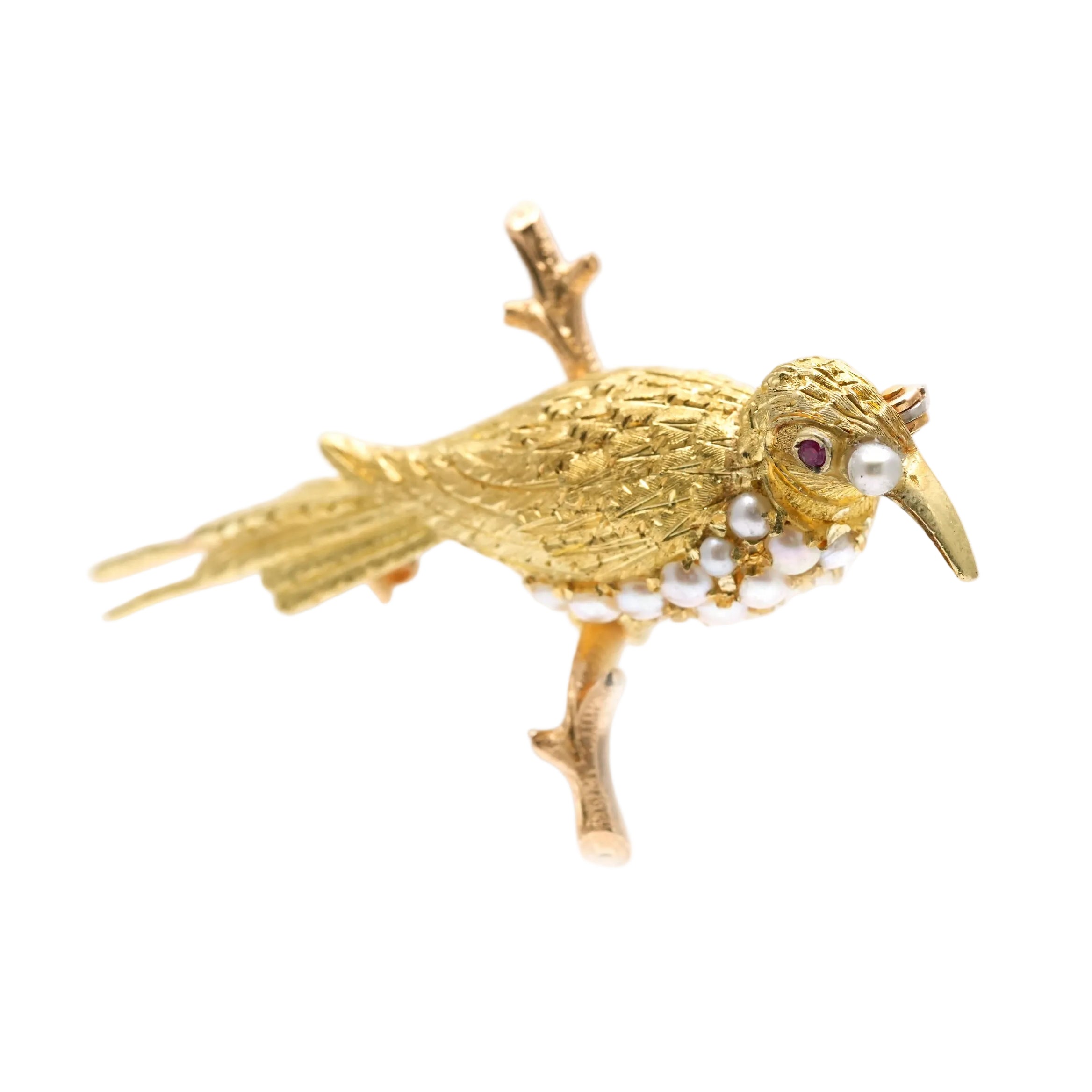 Broche Épingle en or jaune, perles et rubis
