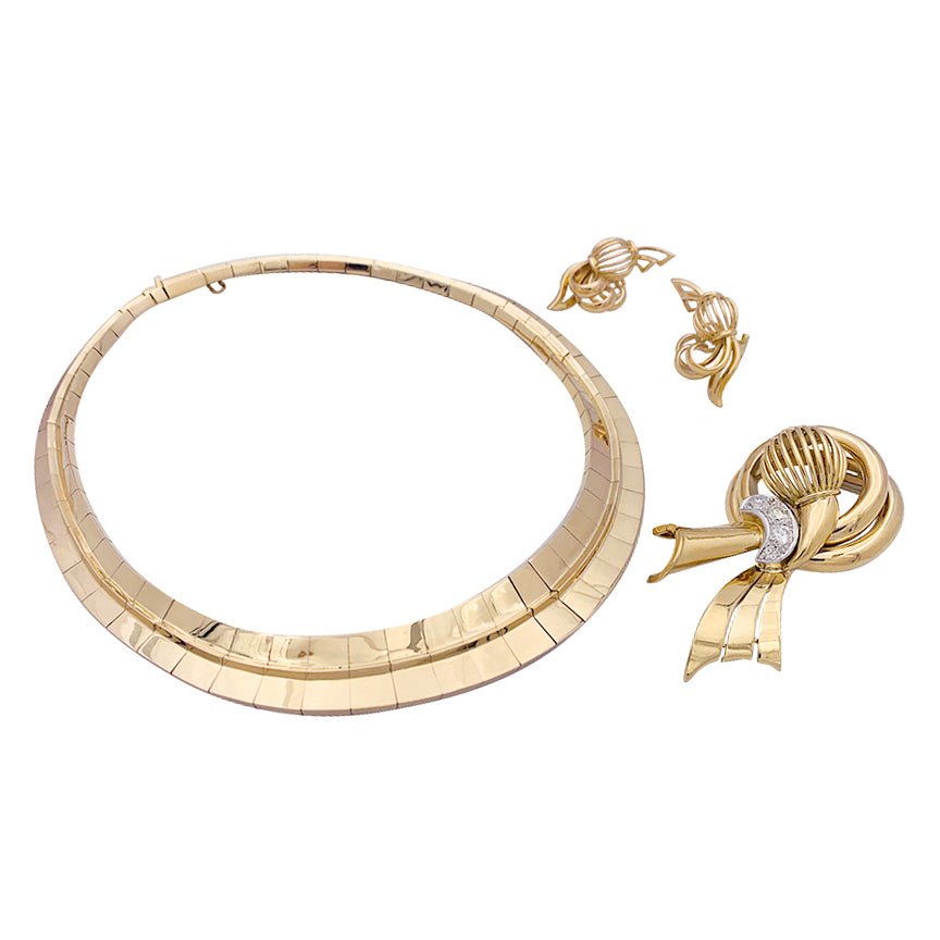 Demi-parure vintage transformable, or rose, platine et diamants. - Castafiore