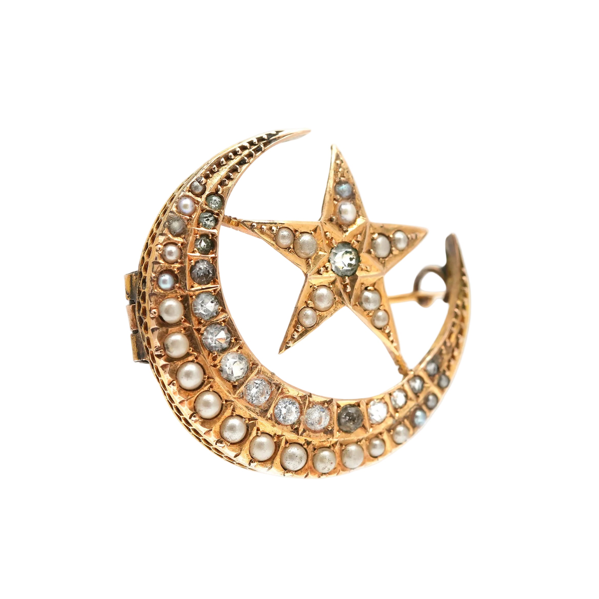 Broche Épingle en or jaune, perles et strass