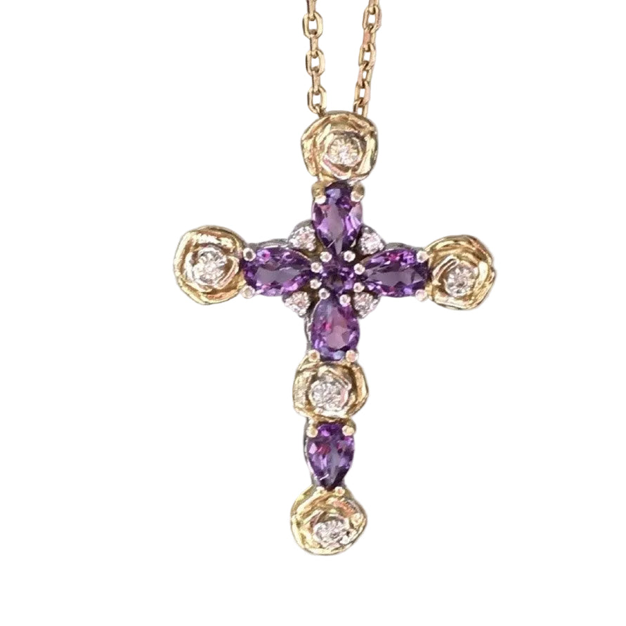 Pendentif Croix en or jaune, or blanc, améthystes, et diamants