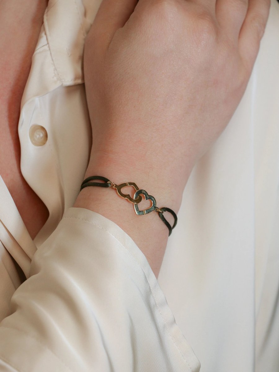 DINH VAN Bracelet double coeur or jaune cordon kaki - Castafiore