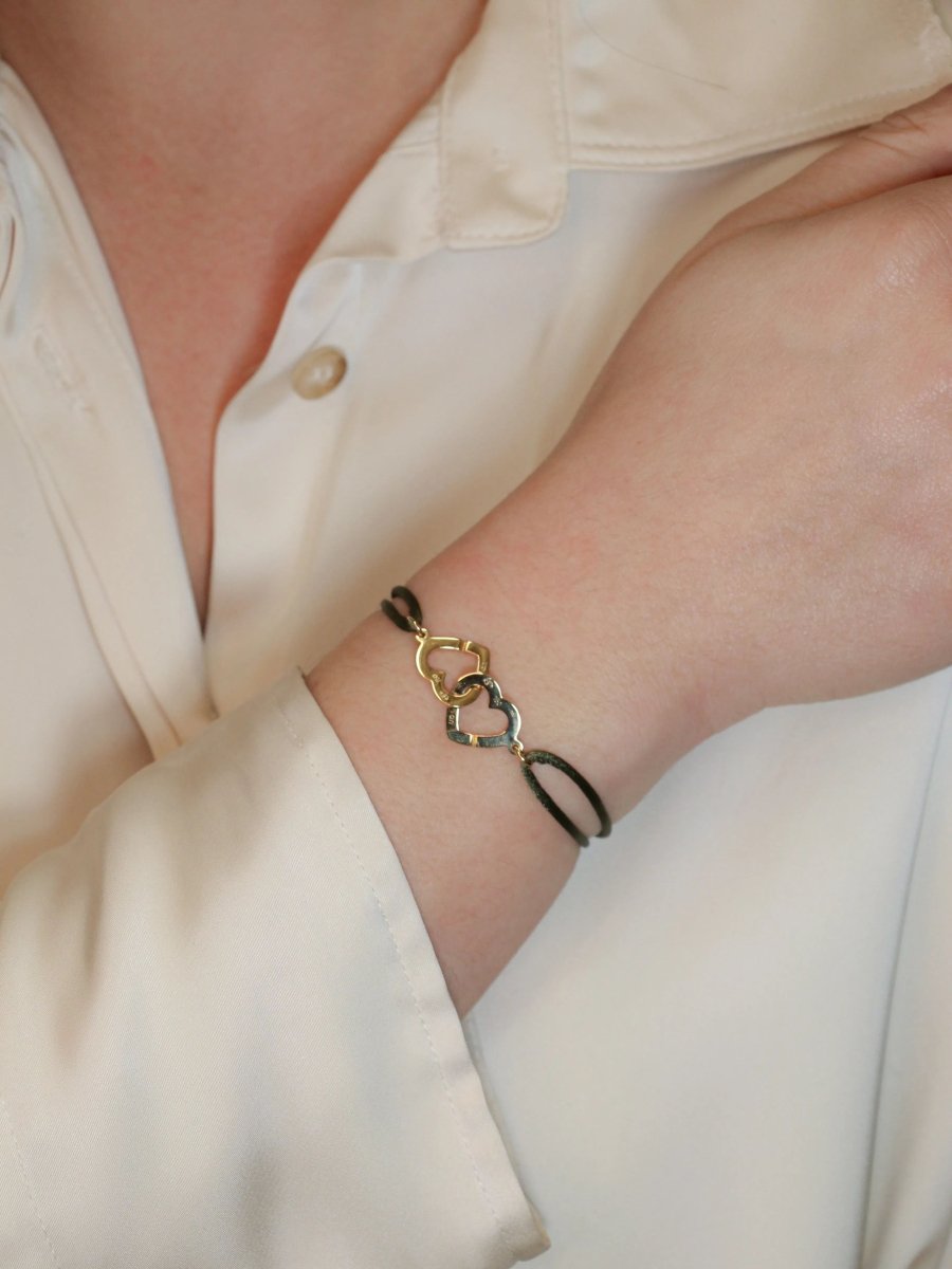 DINH VAN Bracelet double coeur or jaune cordon kaki - Castafiore