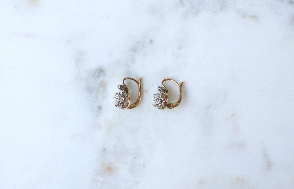 Dormeuses Anciennes Diamants Rose Couronnée sur Or Rose - Castafiore