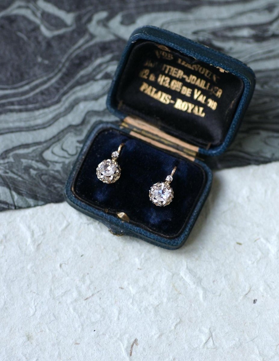 Dormeuses Anciennes Diamants Rose Couronnée sur Or Rose - Castafiore