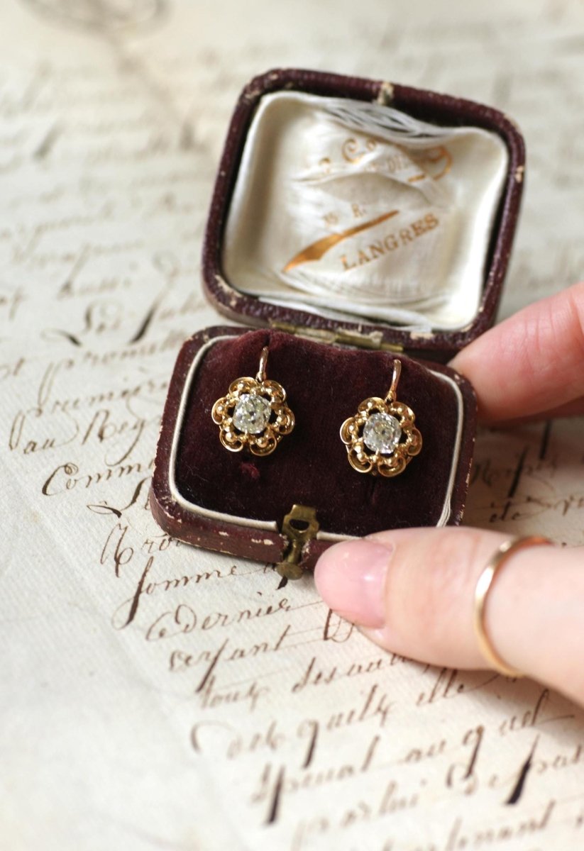 Dormeuses Diamants Taille Ancienne Coussin 1.40 Cts - Castafiore