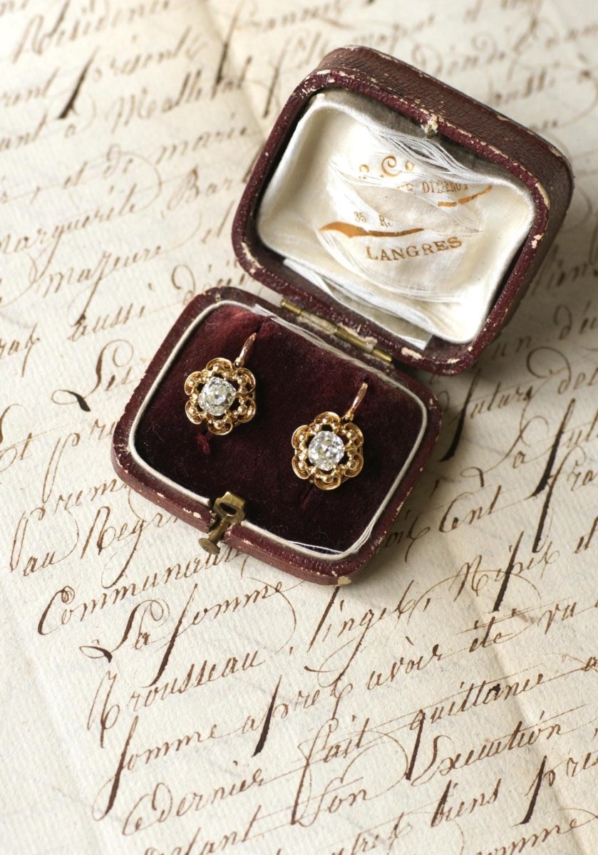 Dormeuses Diamants Taille Ancienne Coussin 1.40 Cts - Castafiore