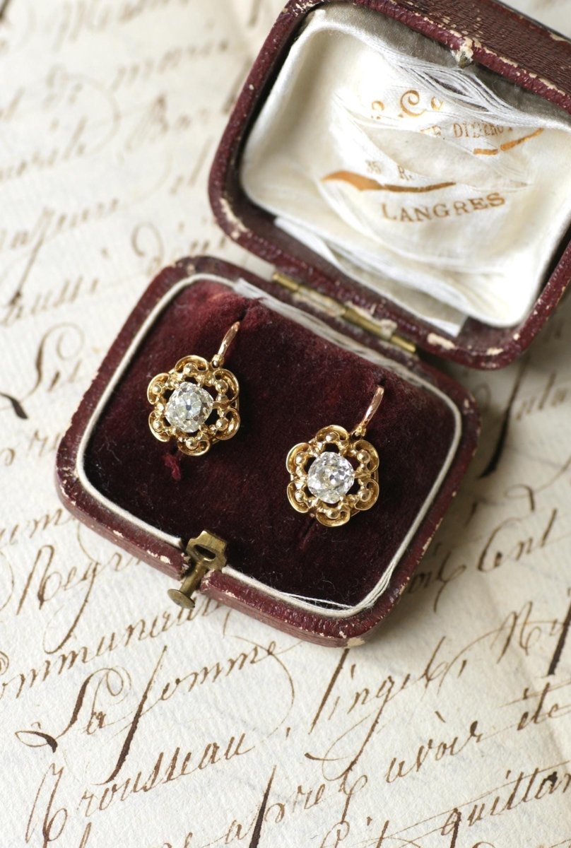 Dormeuses Diamants Taille Ancienne Coussin 1.40 Cts - Castafiore