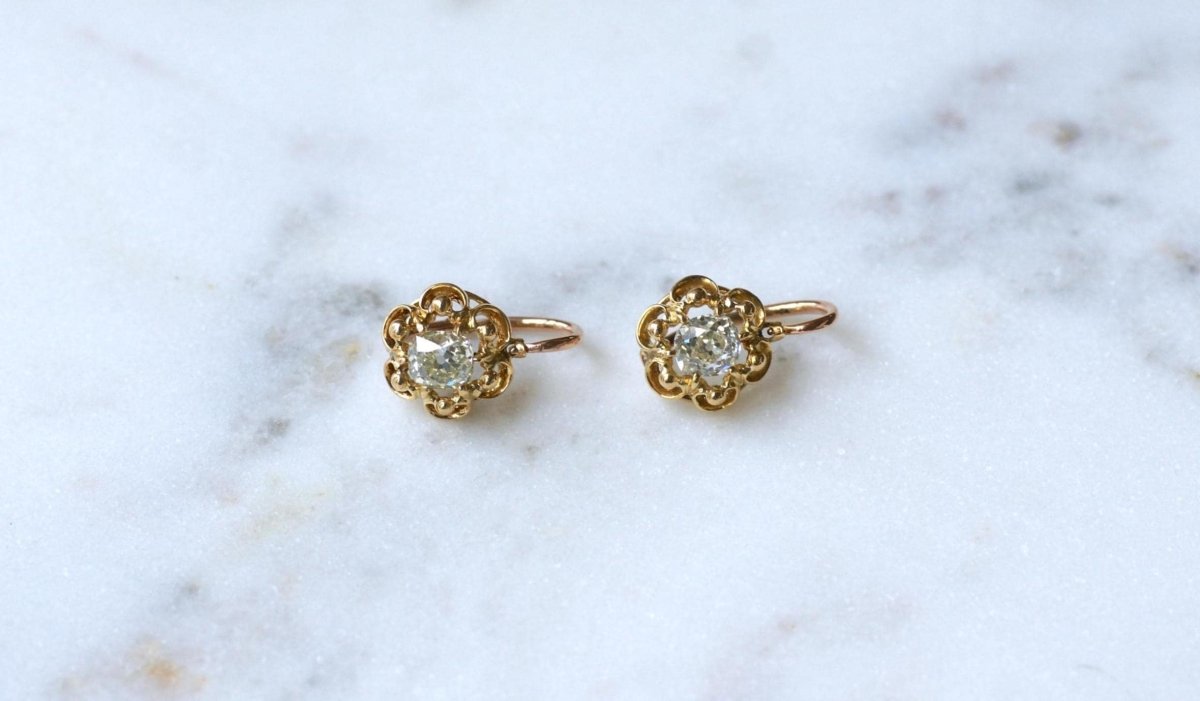 Dormeuses Diamants Taille Ancienne Coussin 1.40 Cts - Castafiore