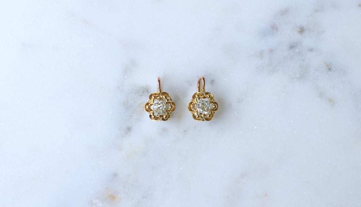 Dormeuses Diamants Taille Ancienne Coussin 1.40 Cts - Castafiore