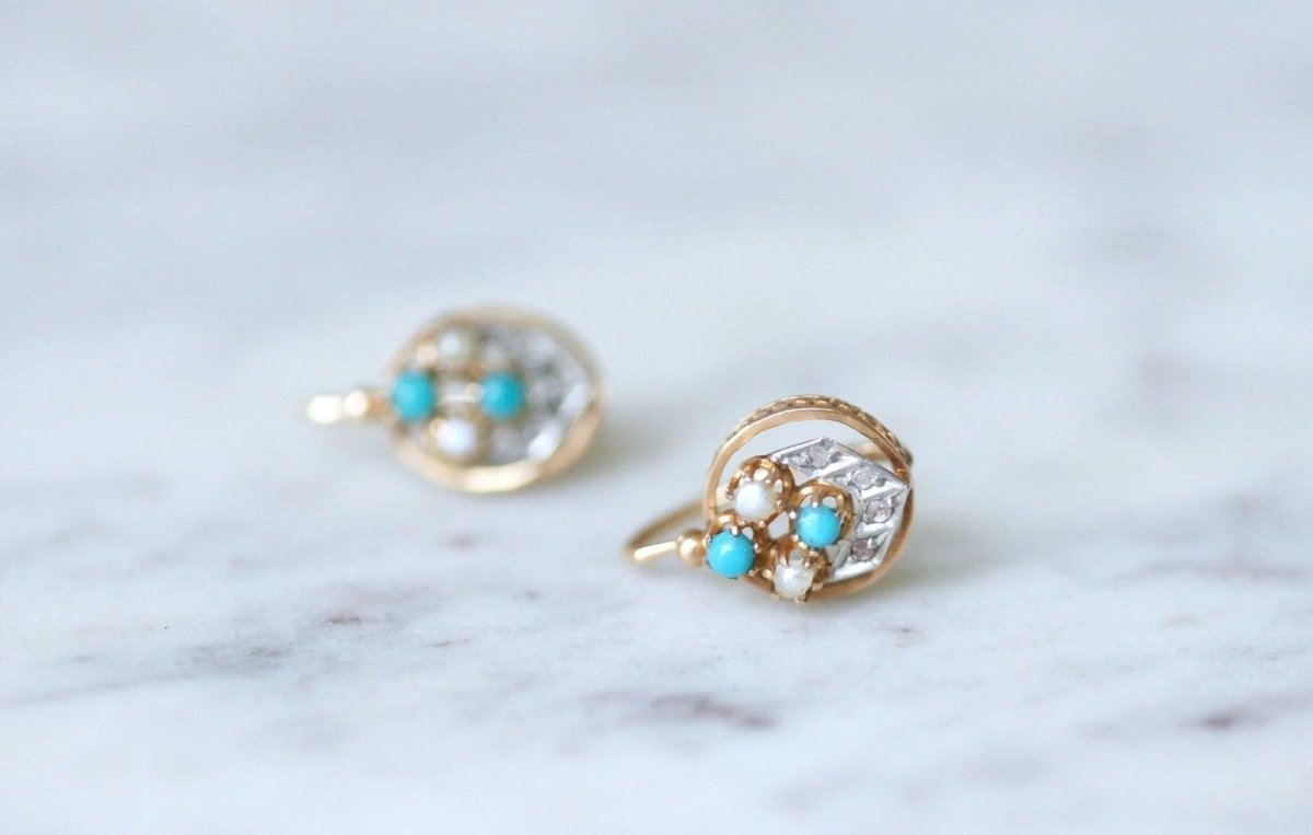 Dormeuses or rose, perles, turquoises et diamants - Castafiore