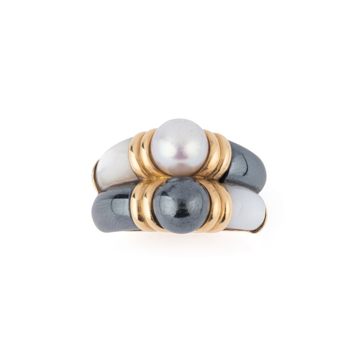 Double bague en or jaune, hématite, nacre et perles - Castafiore